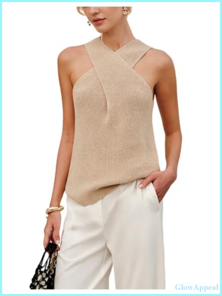 Women Halter Cross Over Collar Tank Top Knit Sleeveless Summer Blouse